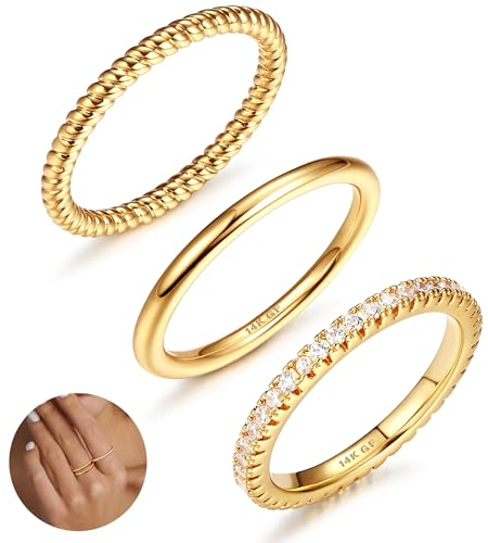 Adramata 3er Set Stapelbare Ringe für Damen - Gold 14 Karat Gefüllte Ringe: Daumenring, Fingerring & Bandring - Damen & Mädchen Verlobungs- & Engagementringe