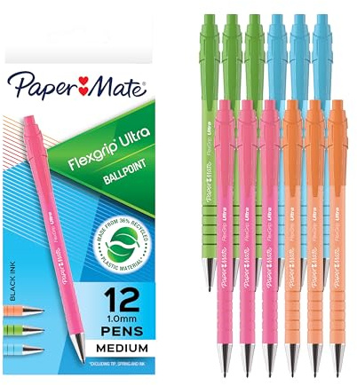 Paper Mate FlexGrip Ultra Ballpoint Pens Made from Recycled Plastic Materials Assorted Barrel Colors Medium Point (1.0mm) Black 12 Count