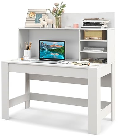 LIFEZEAL Scrivania con Libreria, Bianca, Scrivania Ufficio Porta Computer, PC, Scrittoio, in Legno, Moderno, Postazione di Lavoro, per Studio, Lavoro, Piano Ampio, Portaoggetti, Tavolo, 120x54cm
