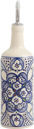 Tunis Ceramic Olive Oil Dispenser Bottle for Kitchen - Dripless Olive Oil Dispenser Bottle with Rubber and Stainless Steel Pour Spout - Handcrafted African Art - Cool Kitchen Tools & Gadgets (22 oz)