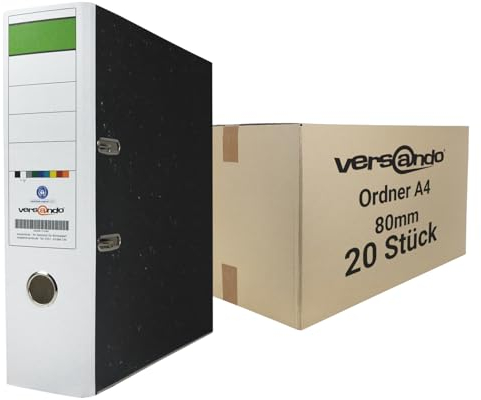versando 20x breiter Premium Ordner DIN A4 Rücken 8cm Aktenordner Ringordner - Blauer Engel zertifiziert - weiß (1 Karton)