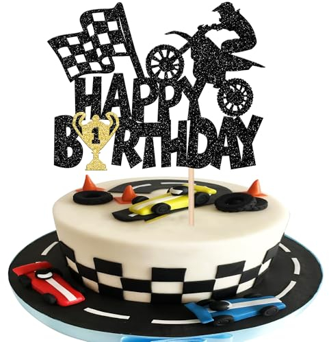 1 Stück Motorrad Tortendeko Glitter Motocross Dirt Bike Cupcake Toppers für Motocross Thema Kuchen Deko Mann Junge Geburtstag Party Kuchen Dekoration Schwarz