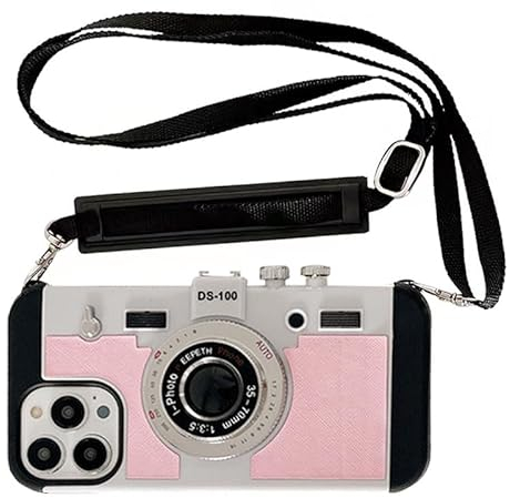 QoKcoahn Emily in Paris Handyhülle für iPhone 11, Kawaii 3D-Cartoon-Vintage-Kamera-Hülle mit langem Umhängeband, Silikon, Polycarbonat, Crossbody-Handyhülle, stoßfester Schutz, für Damen und Herren