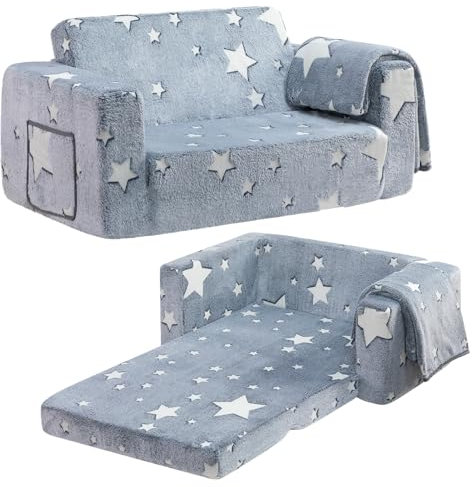 BEJOYKindersofa, extra breite 2-in-1-Kleinkind-Sherpa-Couch zum Ausklappen, umwandelbar in EIN Krabbelbett oder eine Liege für Mädchen und Jungen, leuchtender Stern