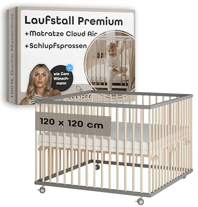 Sämann Laufstall Baby mit Matratze Cloud Air und Schlupfsprossen | TÜV geprüft | stufenlos höhenverstellbar | Laufgitter Premium | Babybett aus Holz | Krabbelgitter (grau/natur, 120x120 cm)