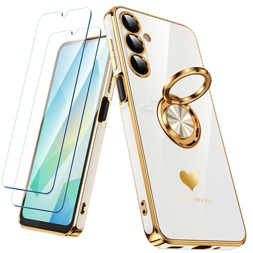 Nonional for Samsung Galaxy A16 5G/4G Case with 2 Pack Screen Protector, 360° Rotatable Ring Holder [Luxury Hearts Pattern] Plating Gold Edge Slim Soft Phone Cover Case for Galaxy A16 - White