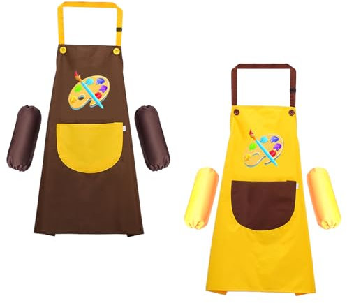 Tcdwla Bata Pintura niños, 2 Set delantal niña, delantal infantil Delantal de cocina ajustable impermeable para niños con 4 mangas para pintar artes y manualidades escolares(7-13años) (Brun/Jaune)