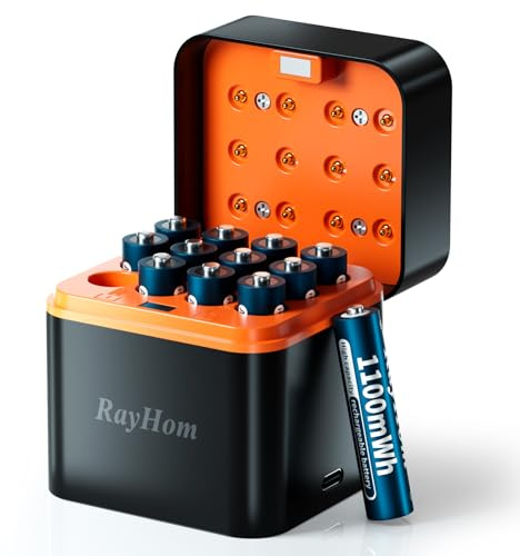 12-Pack 1100mWh Rechargeable Lithium AAA Batteries with 12 Slot Charger