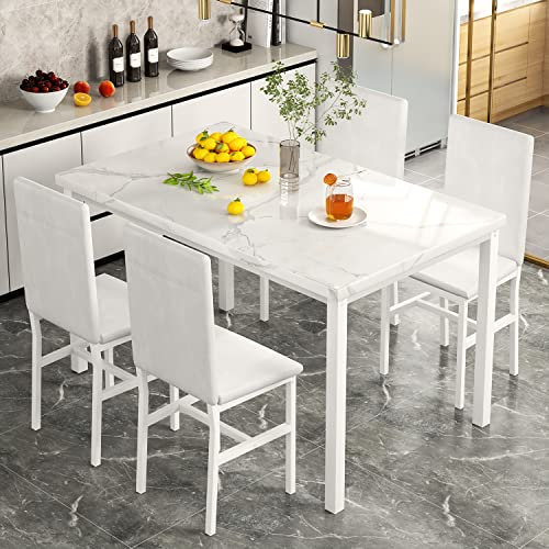HOOSENG Dining Table and Chairs Set 4, Modern Small Kitchen Faux Marble Dinner Table With Cozy 4 PU Leather Chair, Space Saver Table And Chairs 4 (White)
