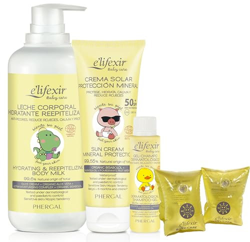 Baby Care de Elifexir | Pack Especial Verano | Protector Solar SPF 50+ (100 ml) + Crema Hidratante (400 ml) + Minitalla Gel-Champú (50 ml) + Manguitos | Protección Completa del Bebé