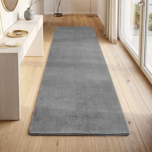 HomebyHome Läufer Teppich Grau 80x250 cm Waschbarer Kurzflor Teppich, rutschfest & weich, modernes einfarbiges Design für Schlafzimmer, Küche & Flur