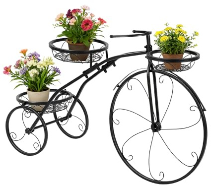 Felenny Fahrrad Pflanzenständer Metall Blumenregal mit 3 Körben | Dreirad Pflanzgefäß Dekoration Blumenrad Pflanzenregal Retro für Garten Balkon Hof Terrasse - Schwarz