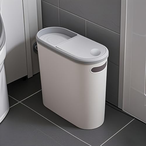 Taylor & Brown 10 Litre Slim Bathroom Trash Can Dust Bin with Touch Top Lid and Handle, Garbage Bin for Bedroom Kitchen Living Room Office, White with Grey coloured Trim
