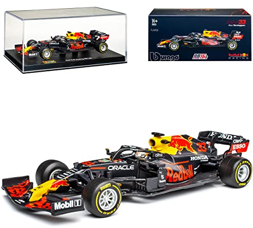 alles-meine.de GmbH RB16B Racing Max Verstappen Nr 33 Formel 1 Weltmeister 2021 mit Sockel und Vitrine 1/43 Burago Modell Auto mit individiuellem Wunschkennzeichen