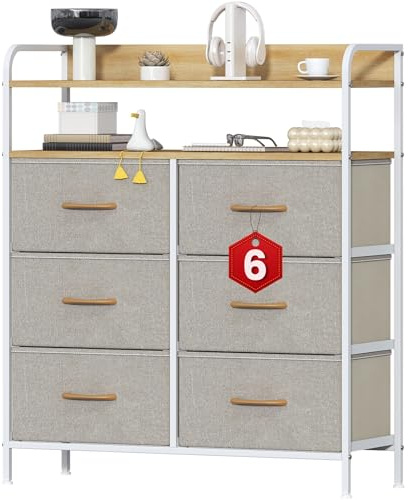 Feonase 6 Drawer Fabric Chest Of Drawers, Double Wooden Top Fabric Storage Tower - Sturdy Steel Frame Dresser for Bedroom/Living Room/Baby Room, Large Capacity Storage Organizer (Beige)