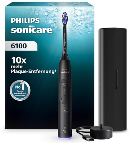 Philips Sonicare Series 6100 Elektrische Zahnbürste – Technologie der nächsten Generation, Drucksensor, 6 Putzeinstellungen, SmarTimer, BrushPacer, 21 Tage Laufzeit, Reiseetui, Schwarz, HX7401/12