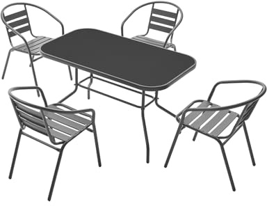 MAT-COMPANY Modernes Gartenmöbel Set Tisch 120x70 cm mit 4 Stühlen Metall Glasplatte schwarz Balkon Terrasse Garten Set wetterfest stapelbar