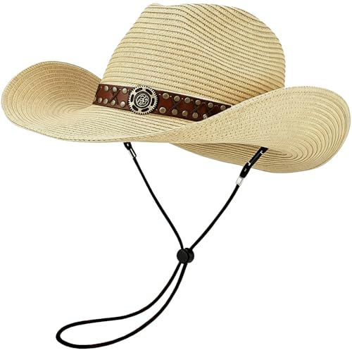 HEYANN Chapeau de cowboy en paille pour homme et femme - Chapeau de soleil pliable - Coupe-vent - Avec mentonnière - Respirant - Protection UV - Pour plage, jardin et extérieur