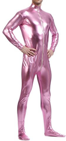 Seeksmile Body Zentai unisex metallizzato senza cappuccio adulto lucido un pezzo in spandex body suit costume di Halloween, rosa, M