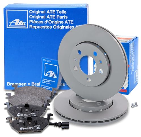 ATE Bremsenset Vorderachse inkl. Bremsscheiben vorne Ø 256 mm belüftet und Bremsbeläge vorne + Warnkontakt Kompatibel mit AUDI A2, A3, SKODA FABIA 1 + 2, OCTAVIA 1, ROOMSTER, VW BORA, GOLF 4, POLO
