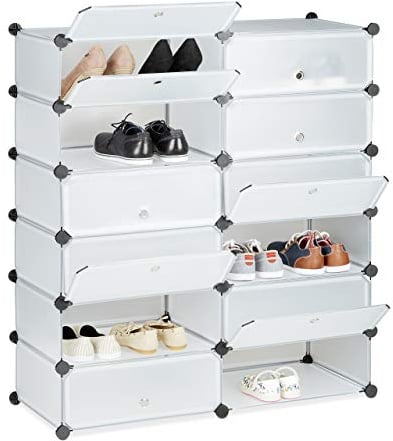 Relaxdays Mueble Zapatero XXL, Estantería Modular Zapatos de Plástico, 12 Cajones y Puertas, 108x94x37 cm, Transparente