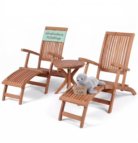 MR. DEKO Gartenmöbelset Teak Deckchair Yacht & Beistelltisch Burton | 2X Luxus-Sonnenliege Massivholz | Zertifiziertes Plantagen-Teak | Gartenliege-Set Verstellbar | Outdoor-Set