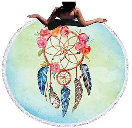 Schädel Sternenhimmel Wolf Runde Strandtuch für Erwachsene Mikrofaser Gothic Badetuch Mit Quasten Floral Große Yogamatte Handtuch Saunatuch 150 cm (Rose Dream Catcher)