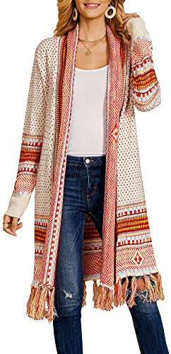 FERBIA Damen Boho-Langarm-Strickjacke mit offener Vorderseite, Maxi, Bohemian-Strickpullover, Azteken-Muster, lose Outwear Coat - Beige - Klein