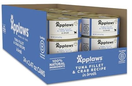 Applaws Natural Wet Canned Cat Food, Limited and Natural Ingredients, High Protein with No Artificial Additives, Tuna Fillet & Crab in Broth (24 x 2.47oz Cans)