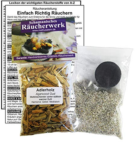 ADLERHOLZ Agarwood Oud zum RÄUCHERN. 5-TLG Räucherset - 30ml Räucherwerk mit Räucherkohle (1x) + Räuchersand + Räucheranleitung + Lexikon der wichtigsten Räucherstoffe A-Z. 82060-1