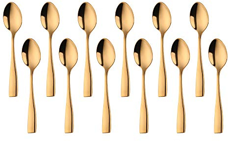 SUNSHENGEUR Coffee Spoons Set of 12, Mini Espresso Spoons, Stainless Steel, Gold, 4.3 inch-Autograph Pattern
