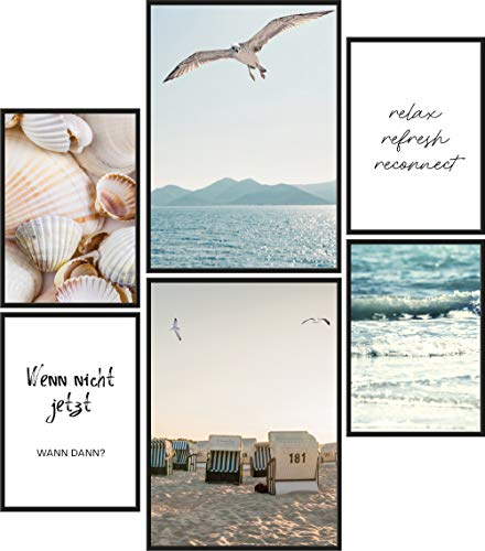 Papierschmiede® Mood Poster Set Strand und Meer, Bilder Wohnzimmer Deko Schlafzimmer, 2x DIN A4 und 4x DIN A5, Wasser Möwen Muscheln - ohne Rahmen