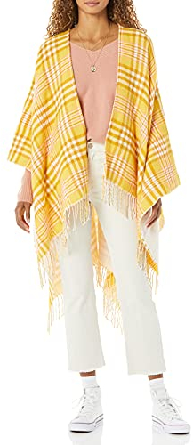 Goodthreads Damen Ruana-Schal Zum Umhängen mit Fransen, Weiß Gelb Kilt Plaid, Einheitsgröße