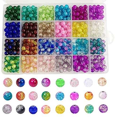 Gocelyn Lot de 600 perles en verre craquelé de 8mm, assortiment chalumeau rondes multicolores pour bracelet à bricoler soi-même résultats de collier projets