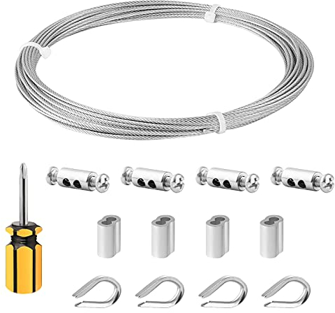 FSHIHINE Garten Drahtseil 10M 304 Edelstahl Drahtkabel Kit mit Kabelkauschen, Crimphülsen, Drahtseilklemmen zur Unterstützung von Pflanzen, Bild Draht/Beleuchtungsaufhängung/Wäscheleinen Rigging Wire