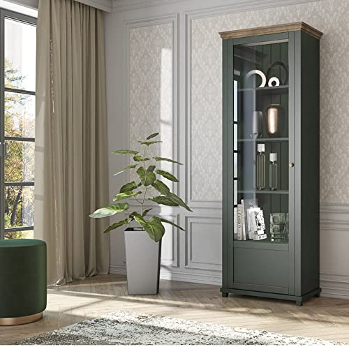 Lomadox Vitrine Landhaus grün mit Lefkas Eiche Nb. Knopfgriffe Messing Türanschlag Links, B/H/T: ca. 71/200/42 cm