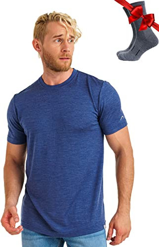 Merino.tech Tee Shirt Merinos Homme - T-Shirt Thermique 100% Merino Wool avec Chaussettes (Medium, Chicago Blues)