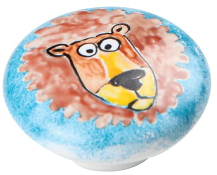 Karan Möbelknopf Baby, Porzellan Löwe braun blau, 55 mm x 25 mm x 55 mm, BABY-5361-103