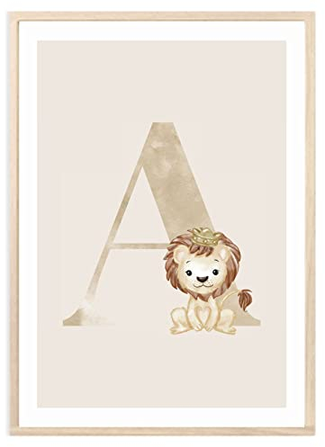 MeinBaby123® Buchstaben Poster DIN A4 Kinderzimmer Mädchen und Junge | Babyzimmer Deko | Bilder Kinderzimmer | Geschenkideen zur Geburt | Geburtsposter | Anfangsbuchstabe Poster A (Löwe - A)