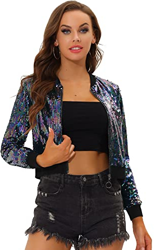 Allegra K Damen Bomberjacke Langarm Glitzer Pailletten Party Jacke Schwarz Regenbogen XL