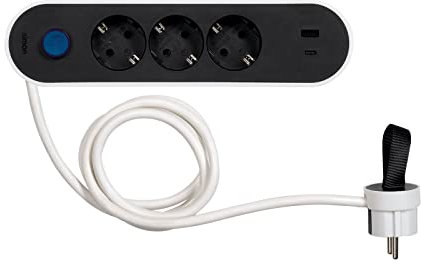 SIMON - Enchufe Múltiple, Regleta de Enchufe Plano, Ladrón de Enchufes con Interruptor de Luz, Ordenacables, 3 Tomas + 2USB, Quickcharge, Cable 1,4 m y Clavija Extraplana Lateral, Color Blanco y Negro
