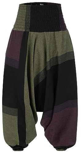 Kunst und Magie Damen orientalische Yoga Freizeit Haremshose Wellnesshose Jodpurhose, Farbe:Braun/Grün/Schwarz