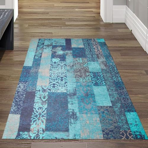 Teppich-Traum Designerteppich Läufer schwarz weich Orient-Muster türkis blau modern Größe 80 x 250 cm
