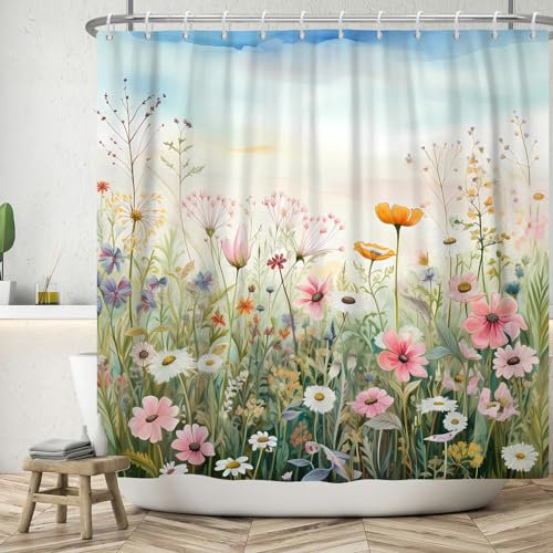 ASDCXZ Blumen Duschvorhang 180x200 cm, Frühling Rose Weiß Gelb Bunt Blumen Grün Blätter Blauer Himmel Bad Waschbar Duschvorhänge Polyester Textil Wasserdicht Badevorhang für Badewanne mit 12 Haken