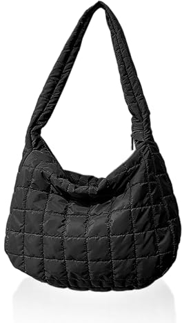 NyxSeat 1 Stück Gesteppte Damen-Tragetasche, Kariertes Muster, Flauschige Schultertasche Mit Großem Fassungsvermögen, Leichte Lässige Handtasche Für Schule, Arbeit Und Einkaufen (Schwarz)