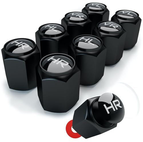 Ventilkappen Auto mit Beschriftung 8er Set, Autoventil Kappe, Ventilkappen mit Kennzeichnung, im Bucket-Black-Look, Intelligente Reifen Markierung - Rostfrei Abs-Kunststoff