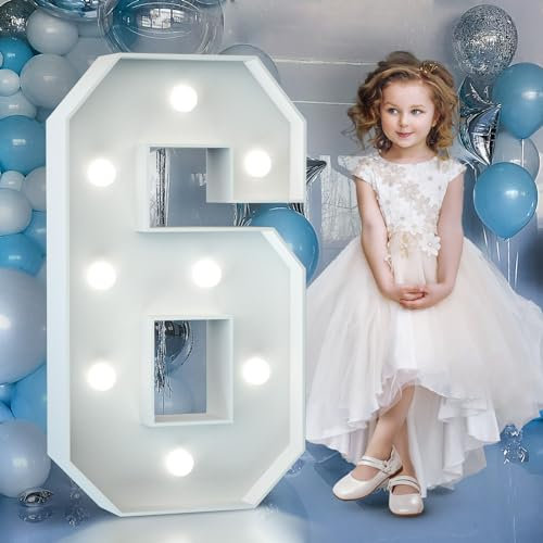 3FT Light Up Numbers Birthday Decoration: Large Marquee Numbers 6 for 6th 16th Party Decor Wedding Baby Shower, Big Number Balloons Frame Foam Cardboard Mosaic Balloon Arch Stand Pre-cut Letter