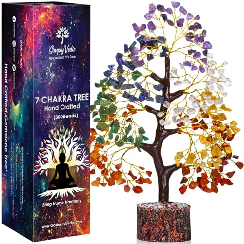 Simply Vedic Arbre de Cristal des 7 Chakras pour l'énergie Positive, Le Bonheur et l'activation des Chakras | Arbre d’Argent de Pierre précieuse de guérison Naturelle, Cadeau Spirituel, décoration