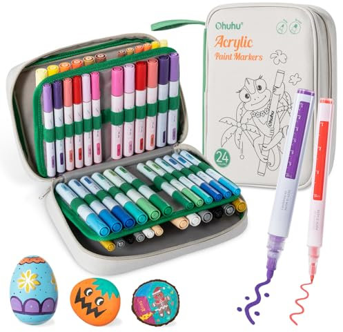 Ohuhu Acrylstifte, 48er Pack 24 Feine Spitze und 24 mittelgroßen Rundspitzen (umschaltbare Meißel und Rundspitze) Acrylic Marker Wasserfest & Hochdeckend für steine bemalen Holz Leinwand Glas Keramik