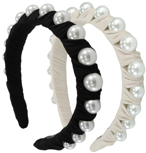 scicent Haarschmuck 2 Stück Stoff Stirnband Glänzend Haarreifen Mode Haarband mit Glitzer Perlen Einfarbiges Haarbänder Modische Haar Accessoires für Frauen Mädchen Braut Haarreif - 29405